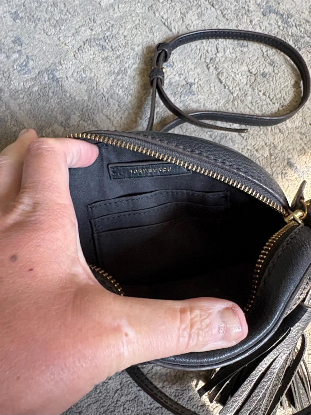 Tory Burch McGraw Black Leather Round Crossbody with Tassels